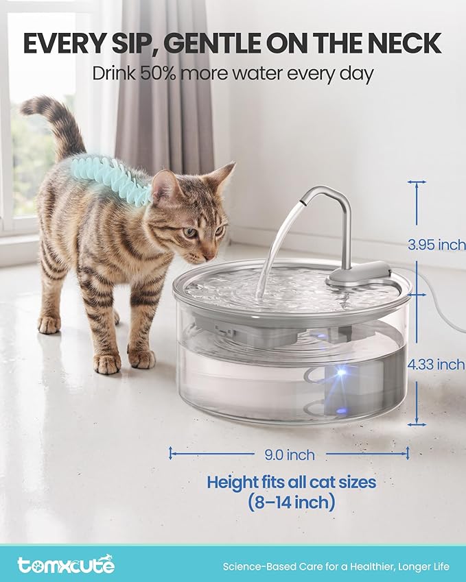 Tomxcute Glass Cat Water Fountain - 108oz/3.2L Ultra-Quiet Cat Fountain for Drinking, Elegant Easy to Clean Glass Pet Water Fountain for Cats, Small Dogs, Multiple Pets, Model Number P11G1