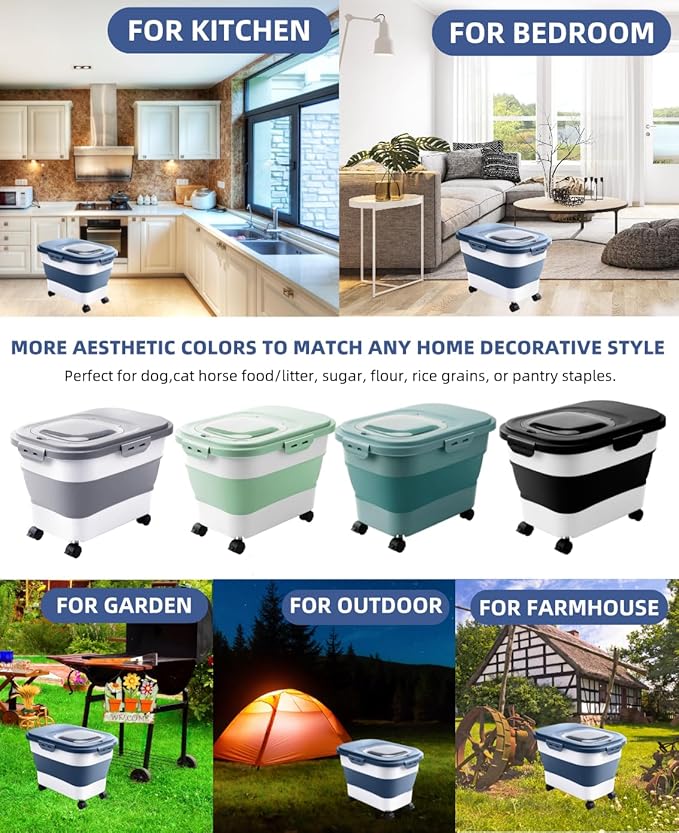 DDMOMMY 20-23 Lbs Dog Food Storage Container - Collapsible Dog Food Container with Wheels Airtight Lids, Scoop and Small Container, Pet Food Storage Dry Food For Dog, Cats and Other Pet (Blue)