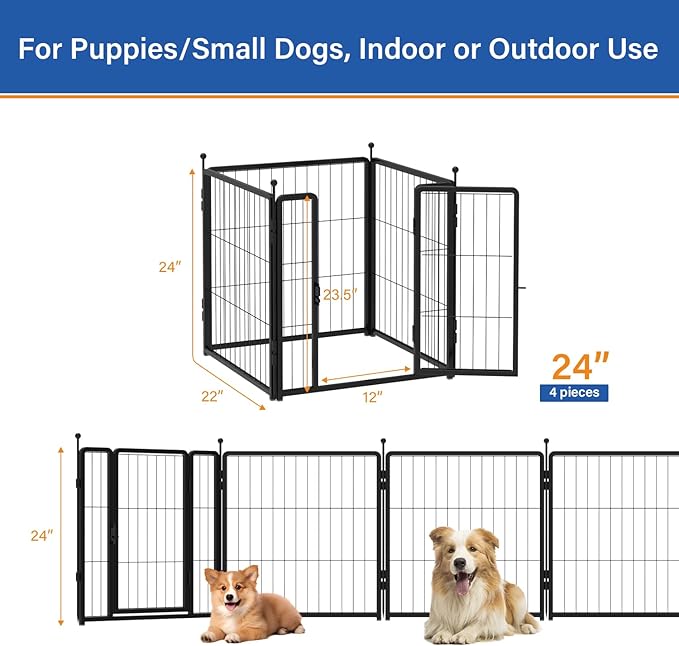 Dog Playpen 24 inch 4 Panels for Indoor & Outdoor Use – Heavy-Duty Metal Pet Fence with Ground Stakes, Rounded Ball Tops for Safety, Stable & Foldable Design, Easy to Assemble
