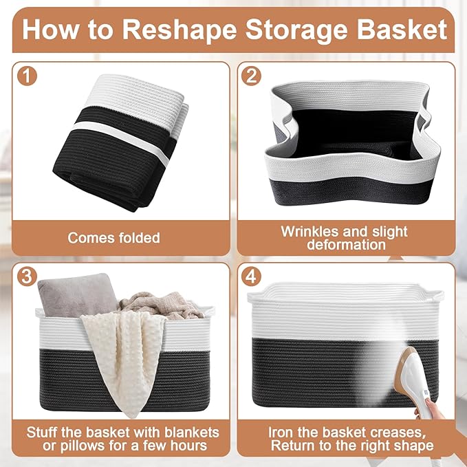 75L Large Blanket Basket, Rectangular Cotton Rope Basket, Laundry Hamper for Blankets, Pillows, Extra Large Toys Storage Bins for Kids, Dogs 22" x 17" x 12", White & Black