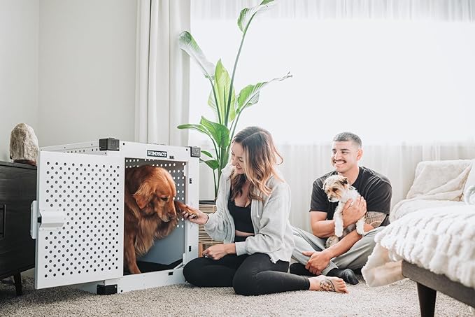 Impact Indestructible High Anxiety Crate for Intermediate Dogs - Heavy Duty Escape Proof Indoor Dog Kennel with Powder-Coated Aluminum - Ideal for Escape Artists (White, 34" (34.5" L x 23" W x 29" H)