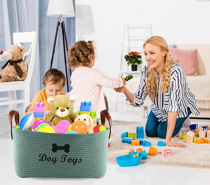 Large Cotton Rope Dog Toy Basket Storage,16.5"x10.6"x 7.5" Dog Toy bin,Puppy toy basket,-Perfect for organizing pet toys,blankets,leashes,pee- mats and diapers-Green