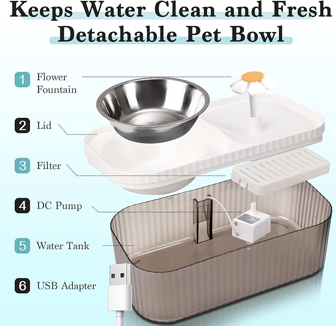 Cat Water Fountain - Super Quiet Automatic Pet Water Dispenser, 100oz/3L with Stainless Steel Cat Bowls and Long Life Span Pump