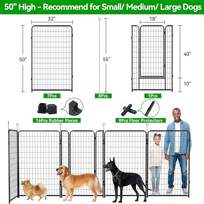 Dog Playpen Outdoor Extra Wide 8 Piece Panels Heavy Duty Dog Fence 50" Height Anti-Rust with Doors Portable for RV Camping Yard, Total 21FT, 35 Sq.ft, Snowy Black