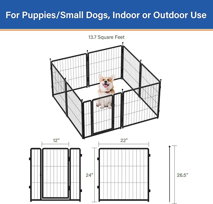 Dog Playpen 24 inch 8 Panels for Indoor & Outdoor Use – Heavy-Duty Metal Pet Fence with Ground Stakes, Rounded Ball Tops for Safety, Stable & Foldable Design, Easy to Assemble