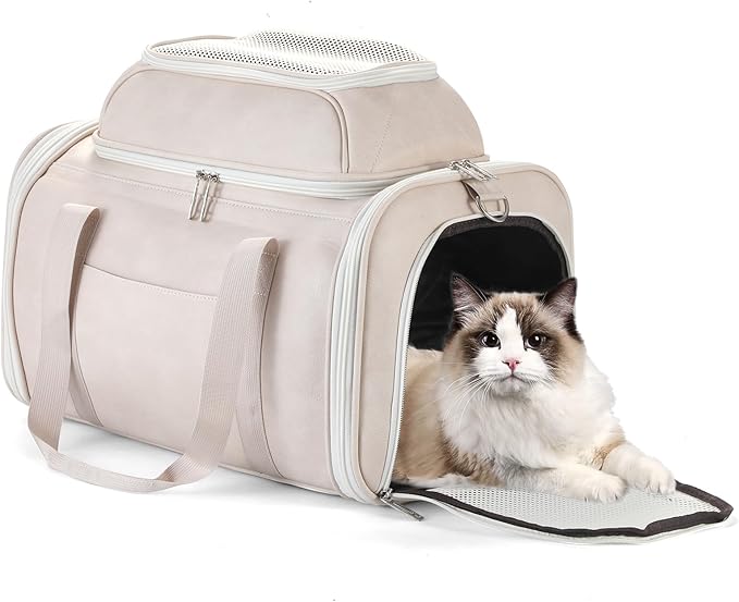 Bosnanller Premium Leather Top Expandable Pet Carrier for Small Dogs & Cats Under 15 lbs, Airline Approved Collapsible Soft-Sided Luxury Travel Bag Beige