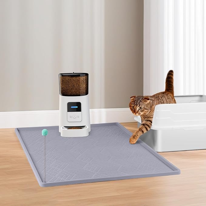 Bartuke Large Cat Litter Mat with Toy Ball, 34'' x 22'' Silicone Cat Litter Trapping Mat for Scatter Control, Soft on Kitty Paws, Easy to Clean (Light Grey)
