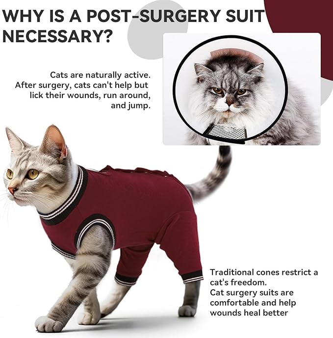 T'CHAQUE Cat Surgery Recovery Suit for Female Male, Cat Onesie Pet Surgical Pajamas Long Sleeve, Abdominal Wound Healing, E-Collar Alternative, Spay/Neuter Recovery Garment-Burgundy-S