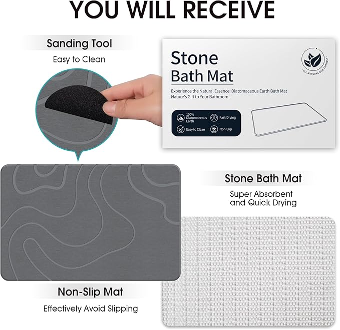Stone Bath Mat Diatomaceous Earth Shower Mat Non-Slip Super Absorbent Diatomite Stone Mats for Bathroom Floor Quick-Drying Easy to Clean (24''*16'' Grey)