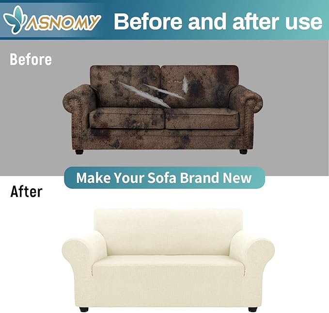 Asnomy Sofa Covers for 2 Cushion Couch Stretch loveseat Covers Slipcovers, Pet Protector Furniture Covers for Dogs Cats Spandex Jacquard Fabric Small Checks (Medium,Off-White)