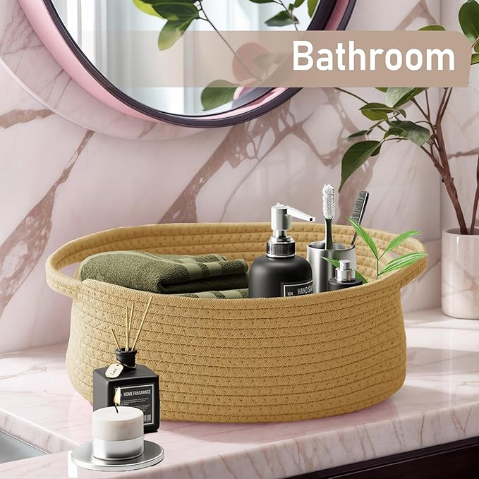 JMvicyroam Woven Basket,Small Rope Storage Bin with Handles & Ribbon Bag, Organizer for Shelves Closets,Gift Basket Empty for Birthday,Books,Dog Toys, Jute/2 Pack