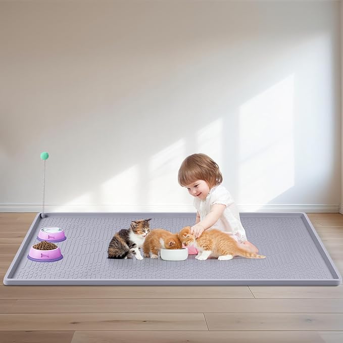Cat Food Mat with Toy Ball, 34'' x 22'' Extra Large Silicone Pet Feeding Mat with Raised Edge Pet Placemat for Food and Water Bowl Non-Slip, Easy to Clean, Floor Protection (Grey)