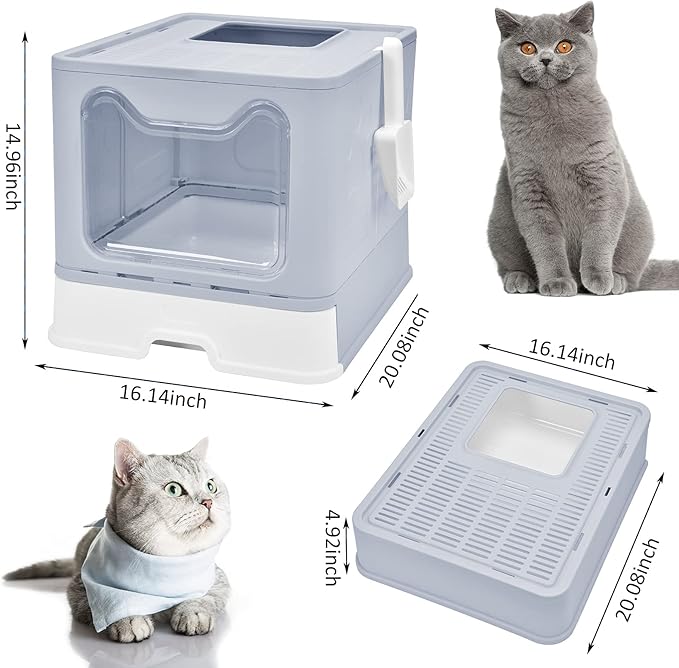 Top Entry Cat Litter Box With Lid - Enclosed Anti-Splashing Potty, Foldable Large Covered Toilet Pan, Cat Supplies With Scoop, Brush and Garbage Bag