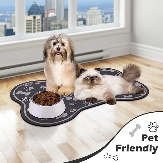Dog Cat Food Mat,Rapid Absorbent Pet Feeding Mat, Bone Shaped Dog Placemat Water Bowl Mat with Rubber Backing,No Stains Dog Cat Food Mats Indoor, Pet Accessories Supplies 16"×24" Dark Grey