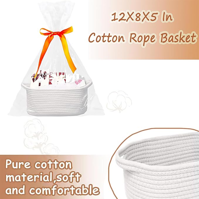 Poschnor Gift Basket for Mother's Day, with Gift Bags and Ribbons, 12X 8 X 5 Inch Empty Basket for Gifts, Small Cotton Rope Basket, White