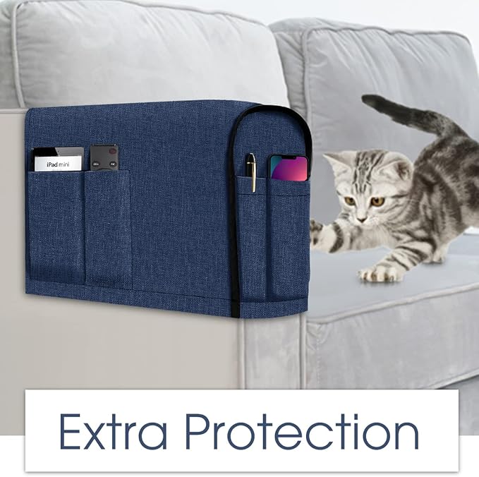 Joywell Linen Armrest Covers for Living Room Anti-Slip Sofa Arm Protector for Dogs, Cats, Armchair Slipcover for Recliner with 4 Pockets for TV Remote Control, Phone, Set of 2, Navy