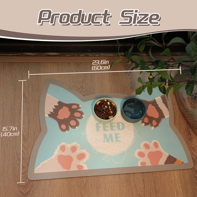 Le couranT Cat Food Plastic Placemat for Dog Food, Feeding Mat, Dog Cat Bowl,Non-Slip Super Absorbent,Quick Dry, Accessories Pet Supplies.Backing Pet mat for Messy Drinkers. Cat Heads-16x24 in