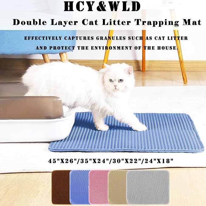 HCY&WLD Cat Litter Mat, Honeycomb Double Layer Cat Litter Trapping Mat, Waterproof Urine Proof Non-Slip, Scatter Control, Less Waste, Easier to Clean (Blue, 24" X 18")