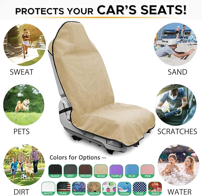 Waterproof Sweating Car Seat Cover for Post Gym Workout, Running, Swimming, Beach and Hiking, Universal Fit Non-Slip Bucket Seat Protector for Cars SUV Trucks, Machine Washable (Off-White)
