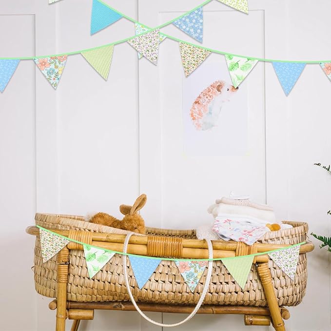 G2PLUS 39Ft Triangle Bunting Banner, Green Blue Cotton Pennant Banner, 42pcs Reusable Fabric Triangle Flags Party Decoration for Wedding, Birthday, Garden Party, Spring Picnic, Baby Shower Decorations
