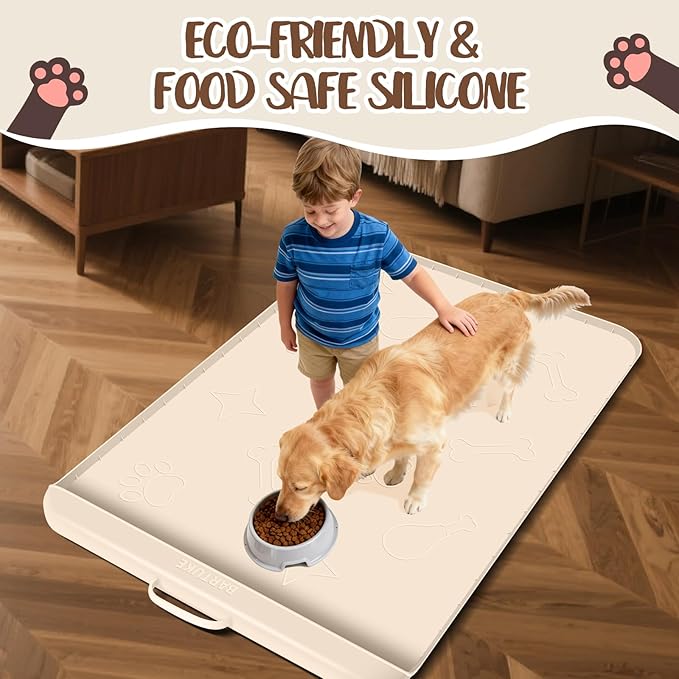 Dog Food Mat with Collection Pocket, 42''x28'' Extra Large Silicone Pet Feeding Mat for Food and Water, Waterproof Anti-Slip Dog Mat with Edge and Handle, Pet Placement for Floor (Beige)