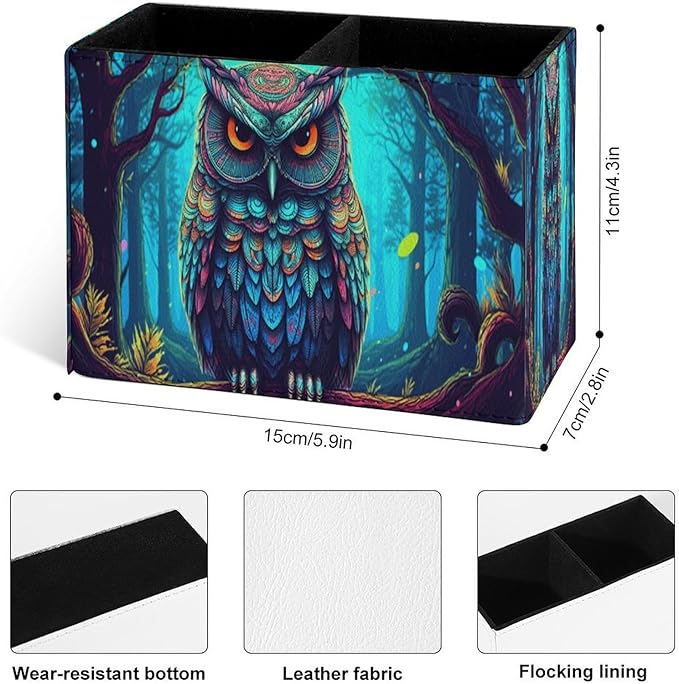 Famame Drawn Owl Pencil Holder for Desk, Leather Desktop Container Pen Cup Storage Study Table Pen Organizer Makeup Brush Holder for Classroom Office Home