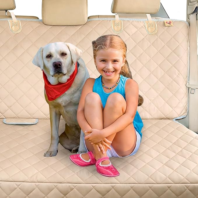 Dog Car Seat Cover for Back Seat Waterproof Backseat Protector, Nonslip Rear Seat Cover for Kids,Universal Size Fits Cars Trucks SUVs (Beige)