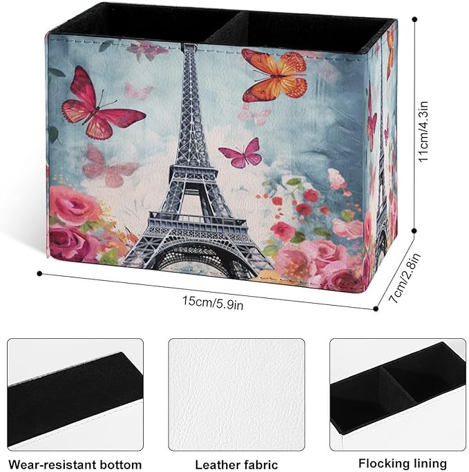 Famame Butterflies Eiffel Tower Flowers Pencil Holder for Desk, Leather Desktop Container Pen Cup Storage Study Table Pen Organizer Makeup Brush Holder for Classroom Office Home
