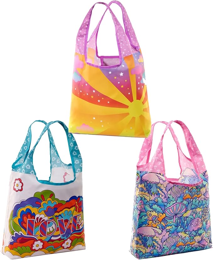 O-WITZ Reusable Grocery Bags | Vibrant Tote Bag For Groceries, Gym, Beach Gear, Toys & More | Washable With Large Handles For Maximum Convenience | Folds Into A Small Pouch, 3-pack,Psychedelics