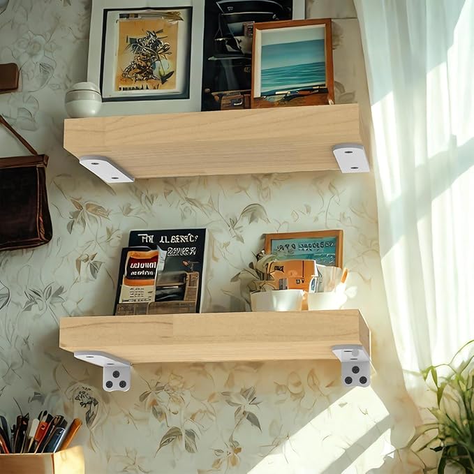 Eurydice Heavy Duty Floating Shelf Brackets, 1/4 inch Thick L Bracket, (10 In 6 Pack White), Holds 200 lb, Rounded Arc Edge, One-Piece, 3 Hole Mounting For Wood Shelves in Kitchen, Garage, Office, DIY