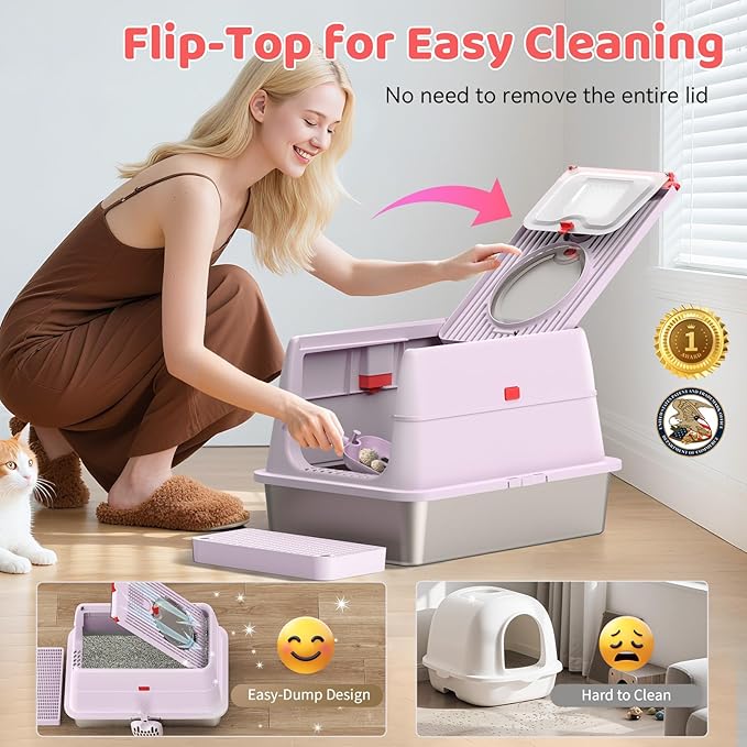 Stainless Steel Cat Litter Box with Lid, 180° Flip Top Kitty Litterbox, XL High Sided Enclosure Litter Pan for Big Cats, Front & Top Entry, Anti-Leakage, Odor-Free, Includes Scoop Mat, Purple