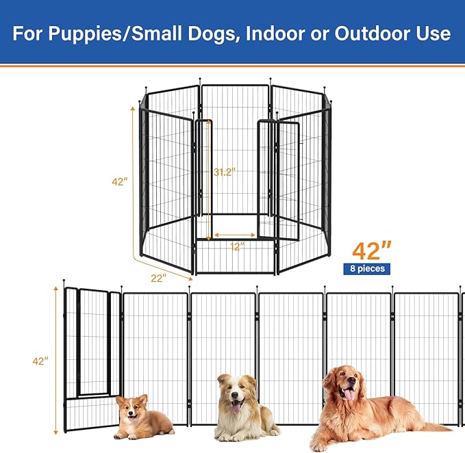 Dog Playpen 42 inch 8 Panels for Indoor & Outdoor Use – Heavy-Duty Metal Pet Fence with Ground Stakes, Rounded Ball Tops for Safety, Stable & Foldable Design, Easy to Assemble
