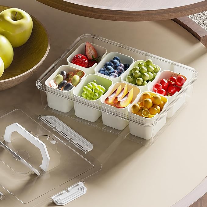REBECAT Divided Serving Tray with Lid and Handles 8 Compartments Snack Box Container Charcuterie Organizer Snackle Box Container for Candy,Nuts,Fruits,Snacks,3 Pack,White