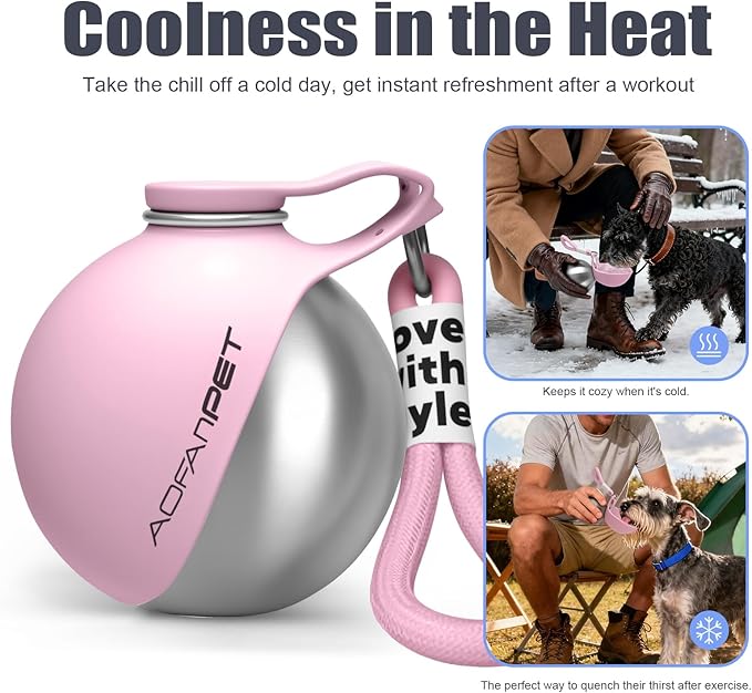 Portable Dog Water Bottle 10oz Stainless Steel Travel Dog Water Dispenser with Bowl No-Spill Puppy Water Bottle for Walking Hiking Small Dog Water Bottle, Includes Waste Bag Holder