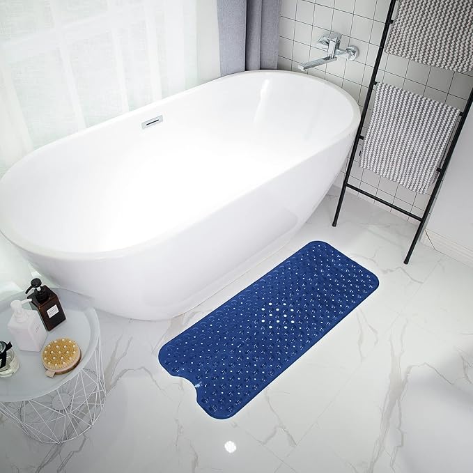 Bath Tub and Shower Mats, Non-Slip 39 x 16 Inch Extra Long Bathtub Mat, Machine Washable BathMat with Drain Holes, Suction Cups for Bathroom (Opaque Navy Blue)