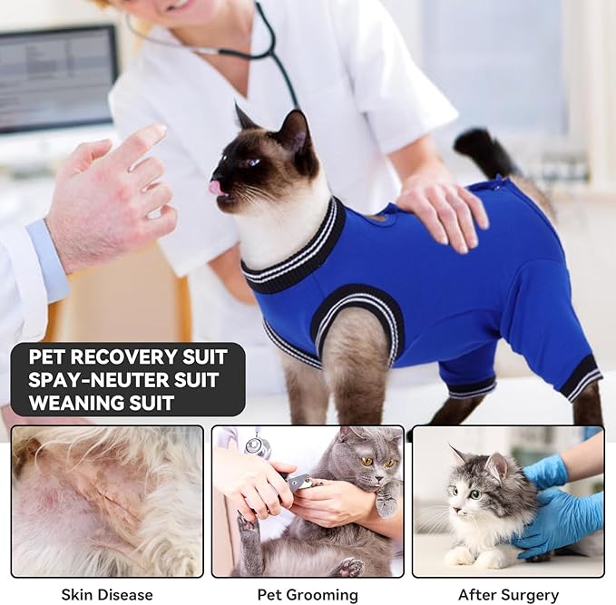T'CHAQUE Cat Surgery Recovery Suit for Female Male, Cat Onesie Pet Surgical Pajamas Hind Legs Long Sleeve, Abdominal Wound Skin Diseases, E-Collar Alternative, Spay/Neuter Recovery Suit, RoyalBlue-S