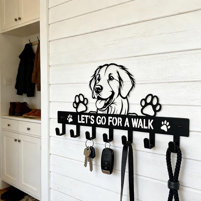Golden Retriever Key Holder, Dog Leash Holder for Wall with 7 Hooks, Black Decorative Small Key Hanger for Entryway&Front Door, Golden Retriever Decor Accessories Gift, Dog Storage Organizer
