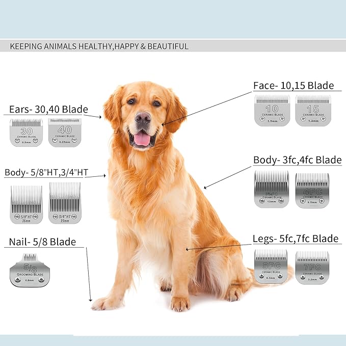 DODAER Size 40/30/15/10/7FC/5FC/4FC/3FC Detachable Pet Dog Grooming Clipper Ceramic Blades Set,Compatible with Andis,Oster A5,Wahl KM10 Series Clippers,Cut Length 1/100"(0.25mm) to 1/2"(13mm),8 Pack