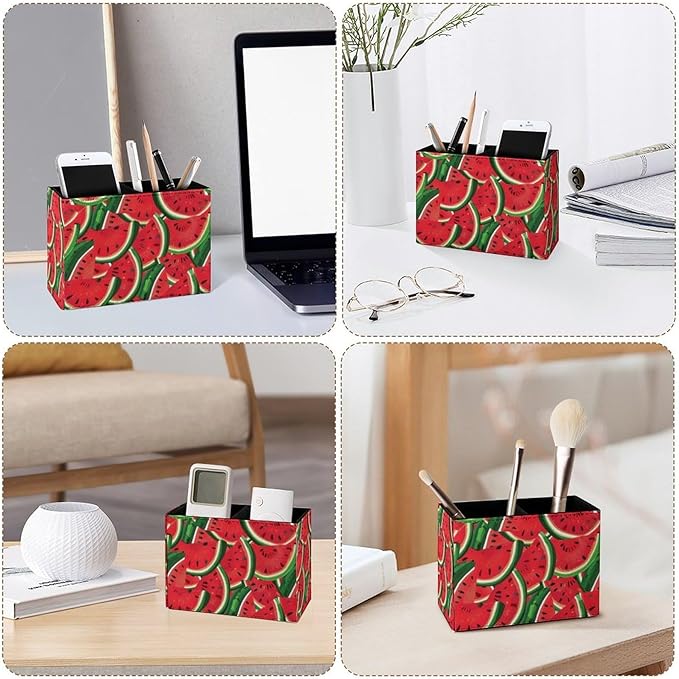 Famame Red Seamless Watermelons Pencil Holder for Desk, Leather Desktop Container Pen Cup Storage Study Table Pen Organizer Makeup Brush Holder for Classroom Office Home