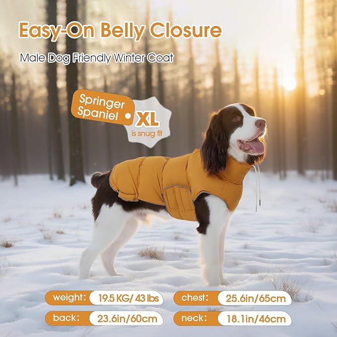 FUAMEY Dog Puffer Jacket for Large Dogs,Dog Cold Weather Coats Winter Dogs Down Jackets Waterproof Pet Snowsuits Warm Puppy Winter Vest Turtleneck Pets Adjustable Jackets Coats Mustard Yellow XL