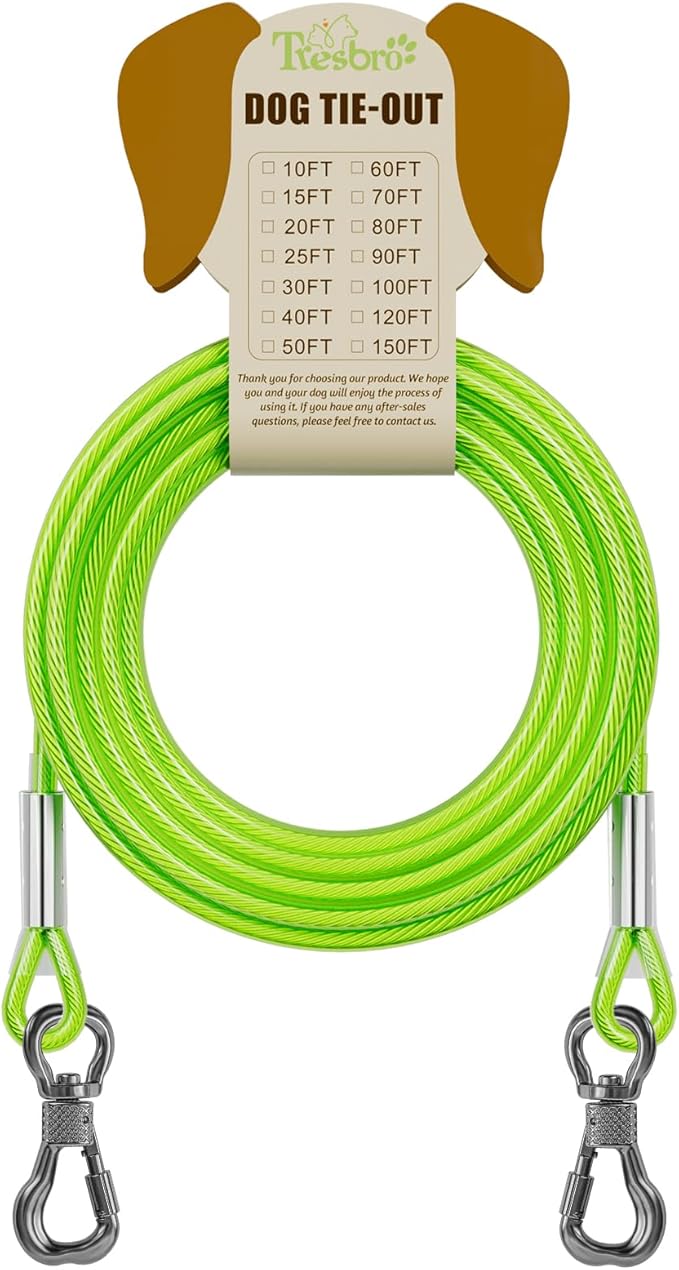 Tresbro 20FT Reflective Tie Out Cable for Dogs Up to 250 Pounds, Steel Wire Dog Leash Cable with Stainless Rotatable Buckle, Lightweight and Enduring, Dog Chains Outside for Outdoor Yard, Green