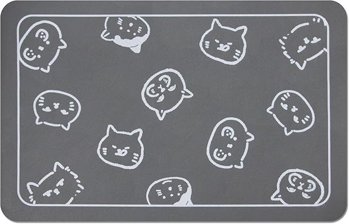 YCT Cat Food and Water Mat for Pets - Non Slip Super Absorbent Dog Bowl Mat, with Multiple Cat Heads Logo - 24 x 16.9 Inches, Dark Gray