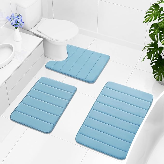 Buganda Memory Foam U-Shaped Contour Toilet Rugs, Non Slip Absorbent, Thick Soft Washable Bathroom Mat, Floor Carpet Bath Rugs Mat for Toilet Base (24" x 20", Blue)