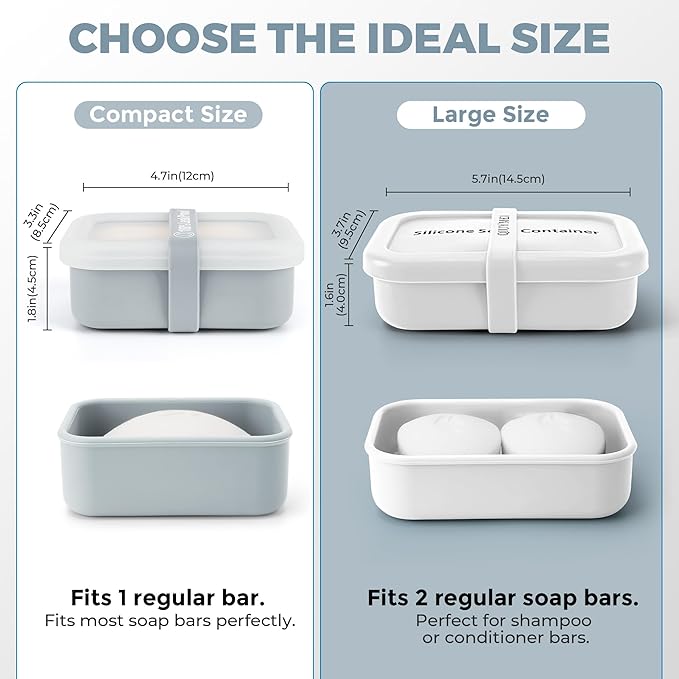 Compact Leakproof Travel Soap Case with Lid & Silicone Strap - Portable Draining Soap Bar Holder for Gym, Bathroom, Camping - Lightweight Silicone Soap Dish Container (Gray) 