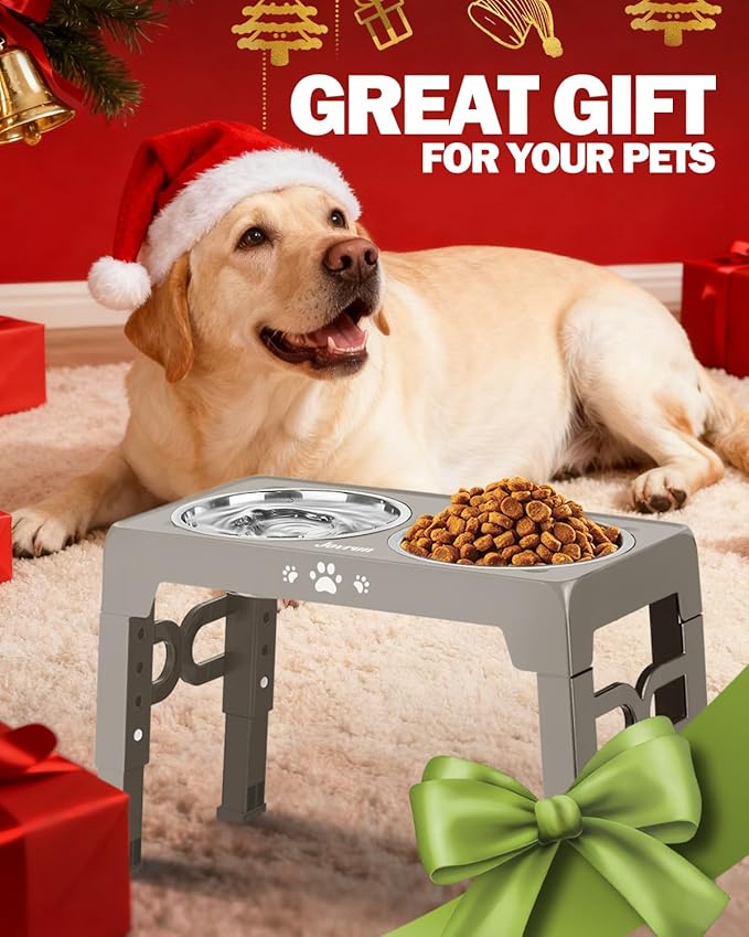 Jovrun Elevated Dog Bowls, Dog Feeder with Stainless Steel Dishes & Slow Feeder Bowl, 5 Heights Adjustable Raised Stand for Medium Large, Food Dishes with Non-Slip Feet