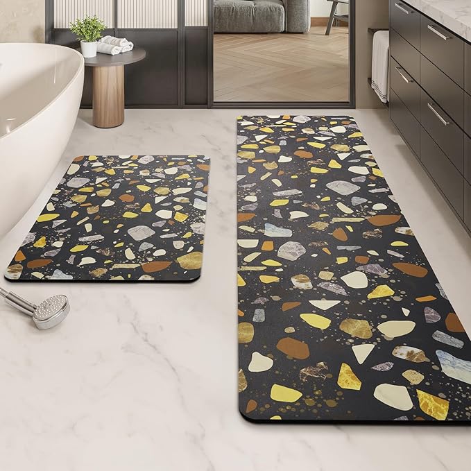 MontVoo -Bath Mat-Non Slip Thin Bathroom Rugs Fit Under Door- Quick Dry Absorbent Faux Suede Surface Grey Bathroom Floor Mats-Shower Rug for in Front of Bathtub Shower Black & Multi Color 17x59