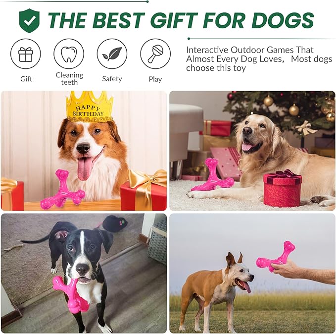 CVALIN Dog Chew Toys for Aggressive Chewers Large Breed,Indestructible Bones Toy,Durable Cleaning Toothbrush Natural Rubber Dog Toys… (Pink)