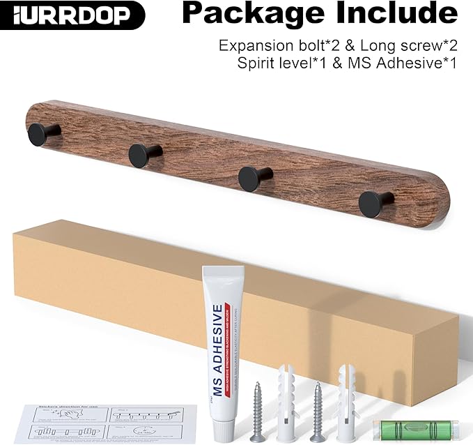 IURRDOP 16 Inch Walnut Wood Wall Mounted Coat Rack with 4 Matte Black Round Hooks Adhesive Mounted Entryway Hooks Modern Natural Wooden Pegs for Hanging Coat Clothes Hat Bag Purse Key and Towel