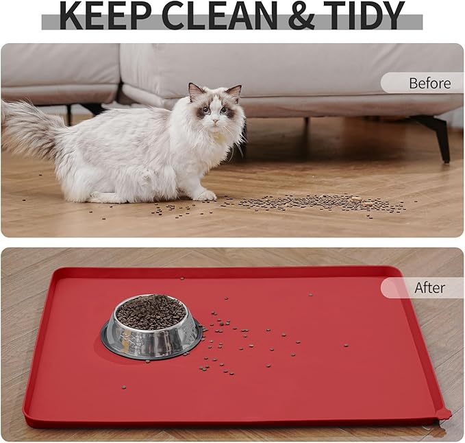 Reopet Waterproof Pet Feeding Mat with High Raised Edges, Heavier and Thicker Placemats for Cat Dog Water Bowl with BPA Free, Dogs Cats Food Mats for Messy Drinkers to Prevent Spill and Protect Floors