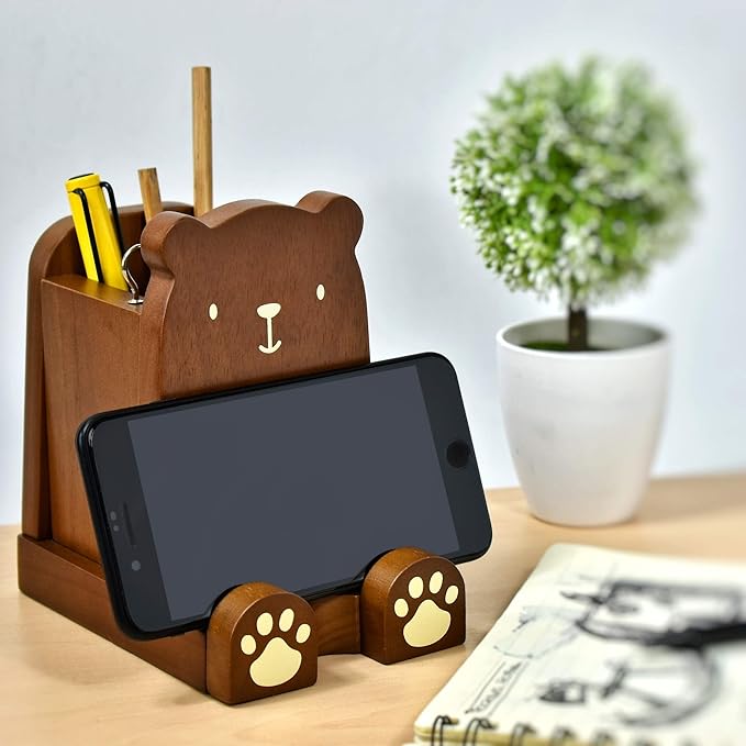 I'm Wood Multipurpose Eyeglass Phone Pen & Pencil Holder Stand Stationery Desk Box Organizer Accessories, Home Office Desktop Decor Birthday Graduation Gifts “Dream Big Aim High”(Bear)